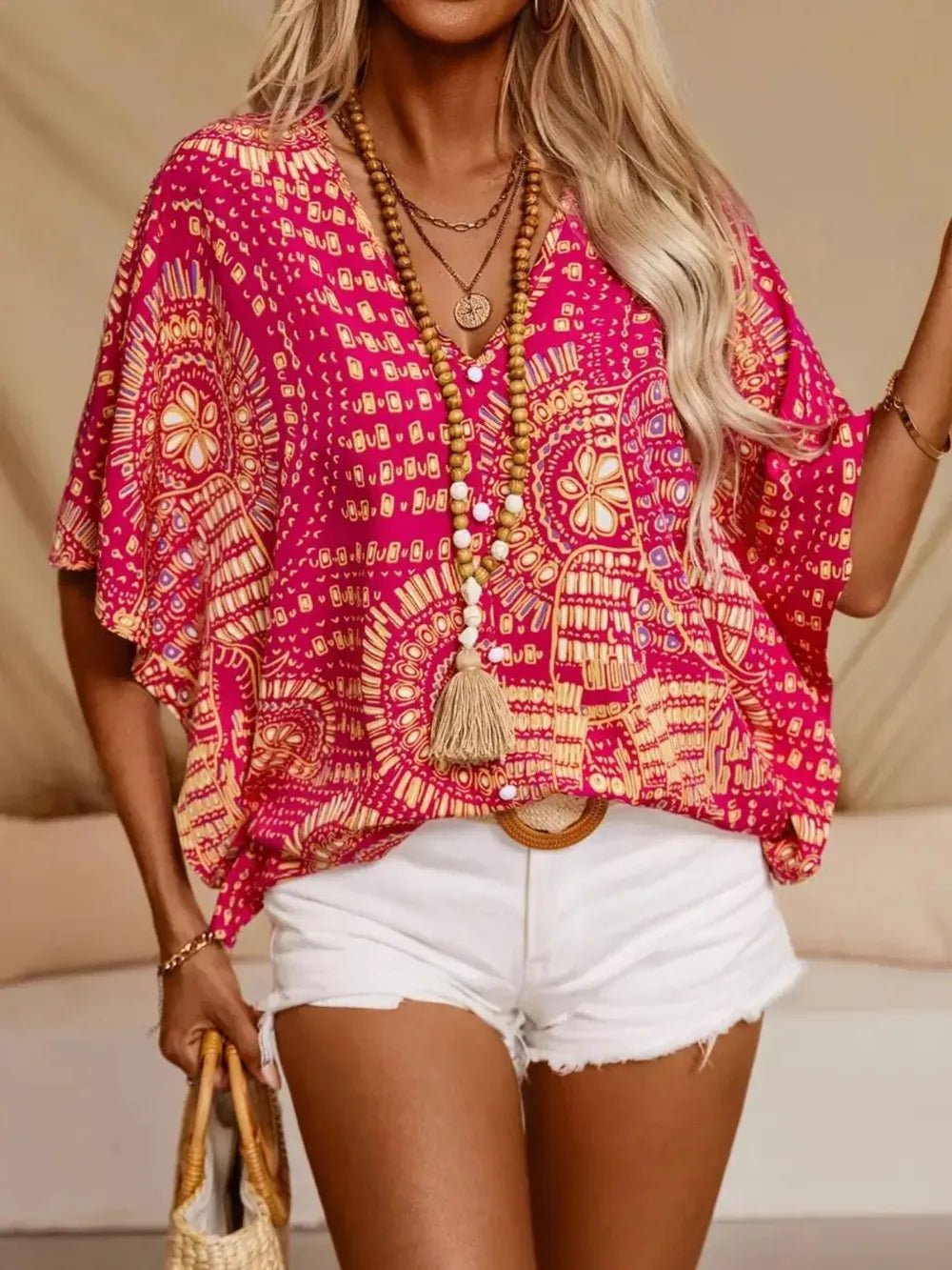 Printed V - Neck Half Sleeve Top