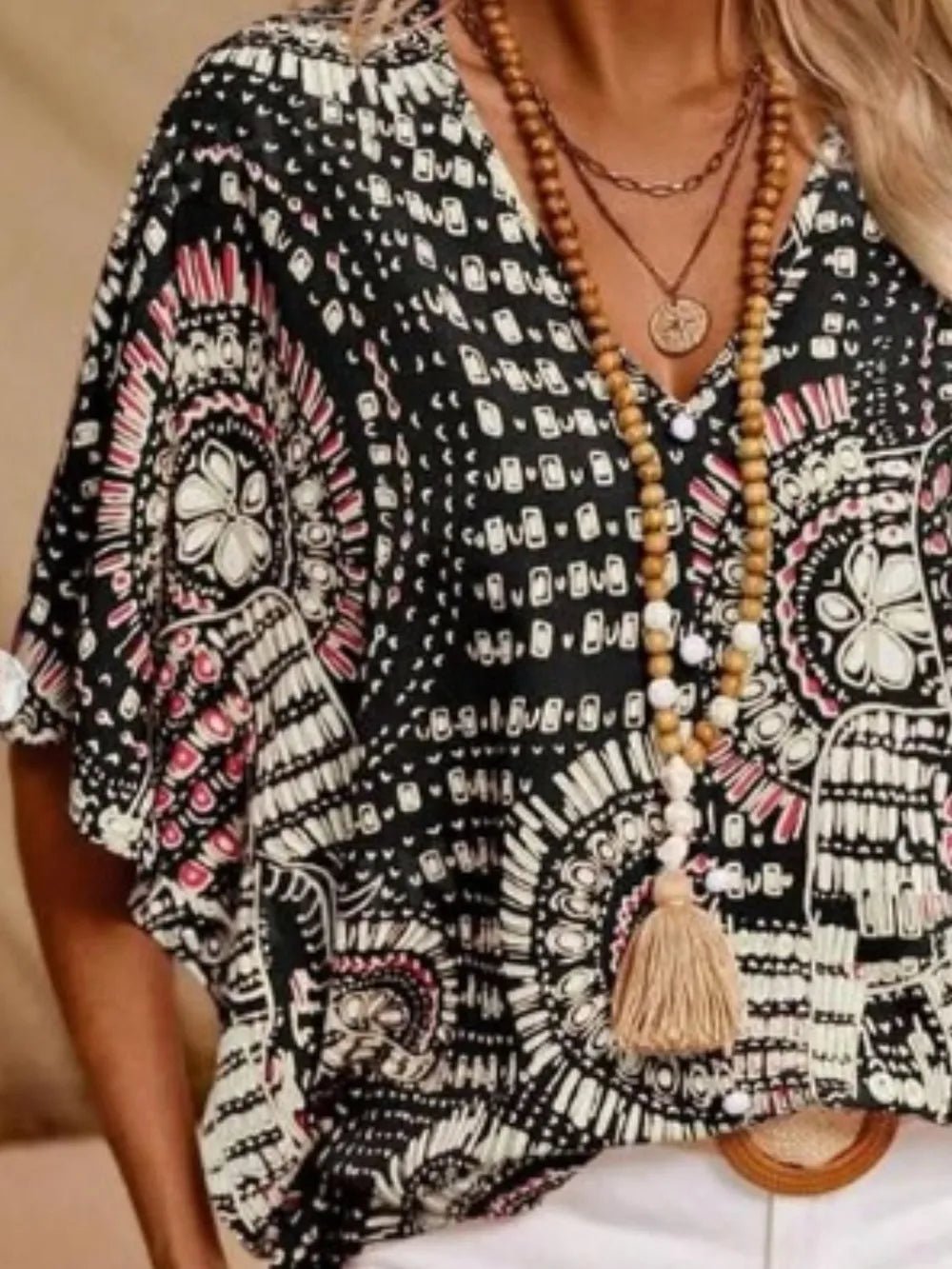 Printed V - Neck Half Sleeve Top