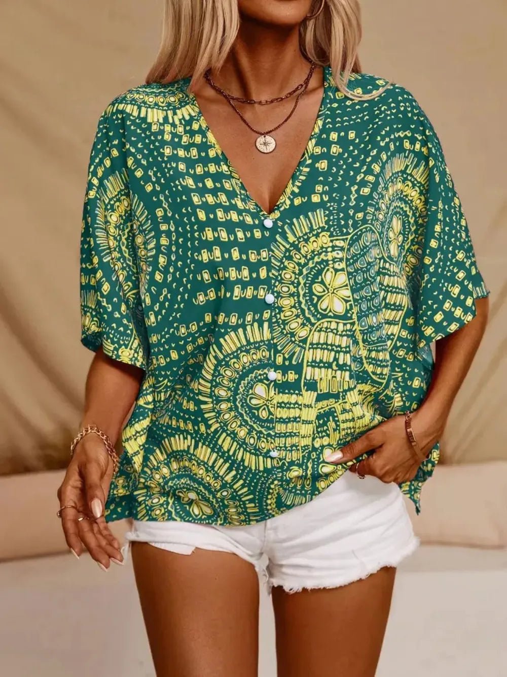 Printed V - Neck Half Sleeve Top