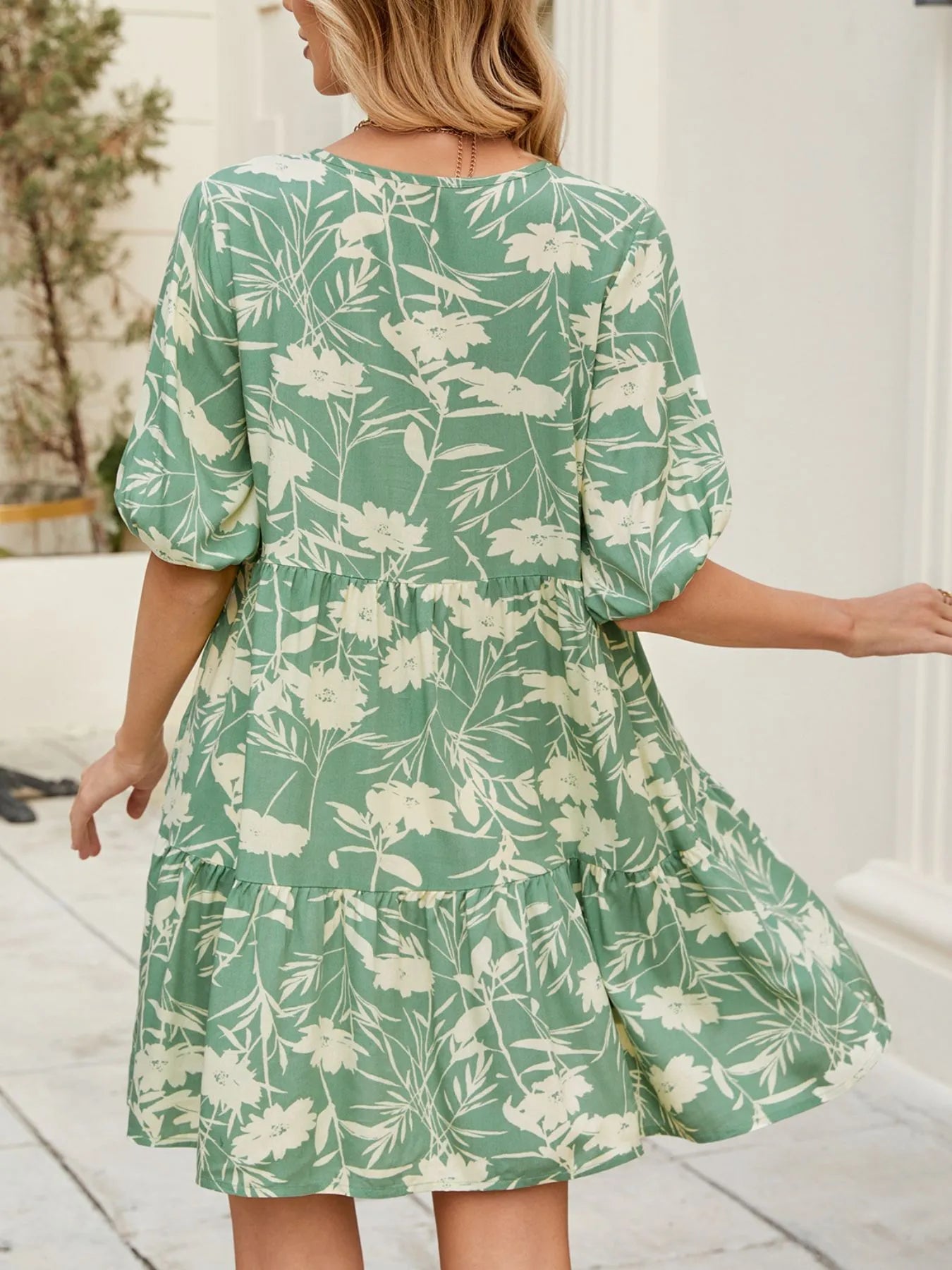 Printed V - Neck Ruffle Hem Mini Dress
