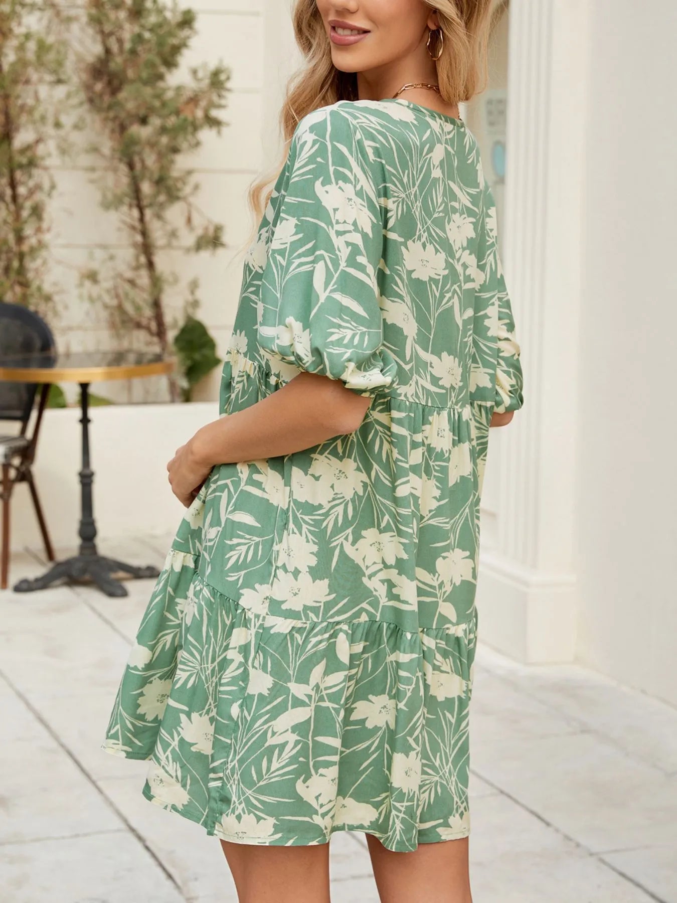 Printed V - Neck Ruffle Hem Mini Dress