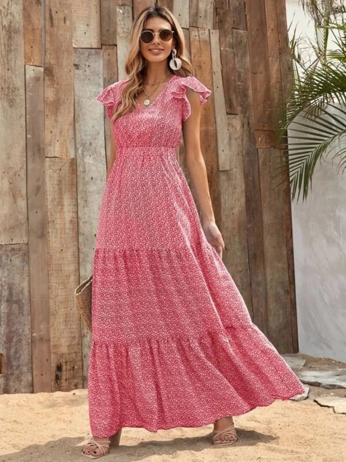 Printed V - Neck Ruffled Cap Sleeve Maxi Dress