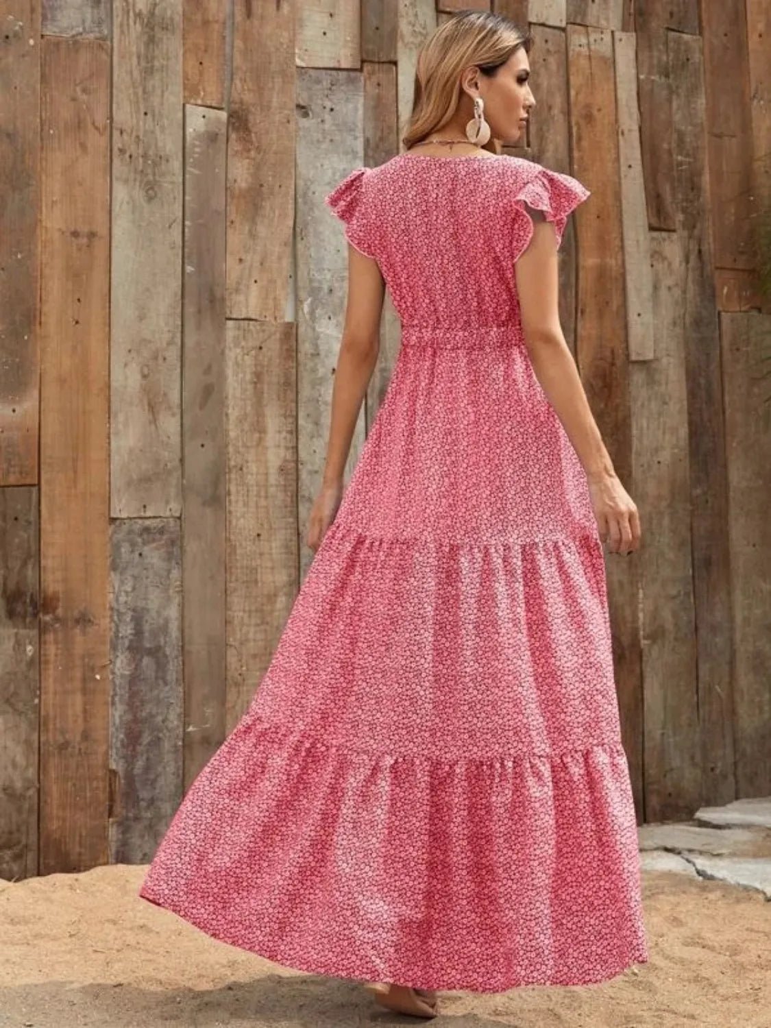Printed V - Neck Ruffled Cap Sleeve Maxi Dress