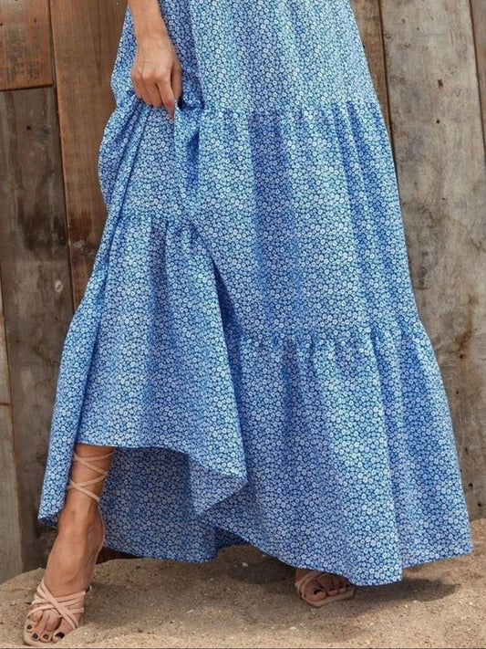 Printed V - Neck Ruffled Cap Sleeve Maxi Dress