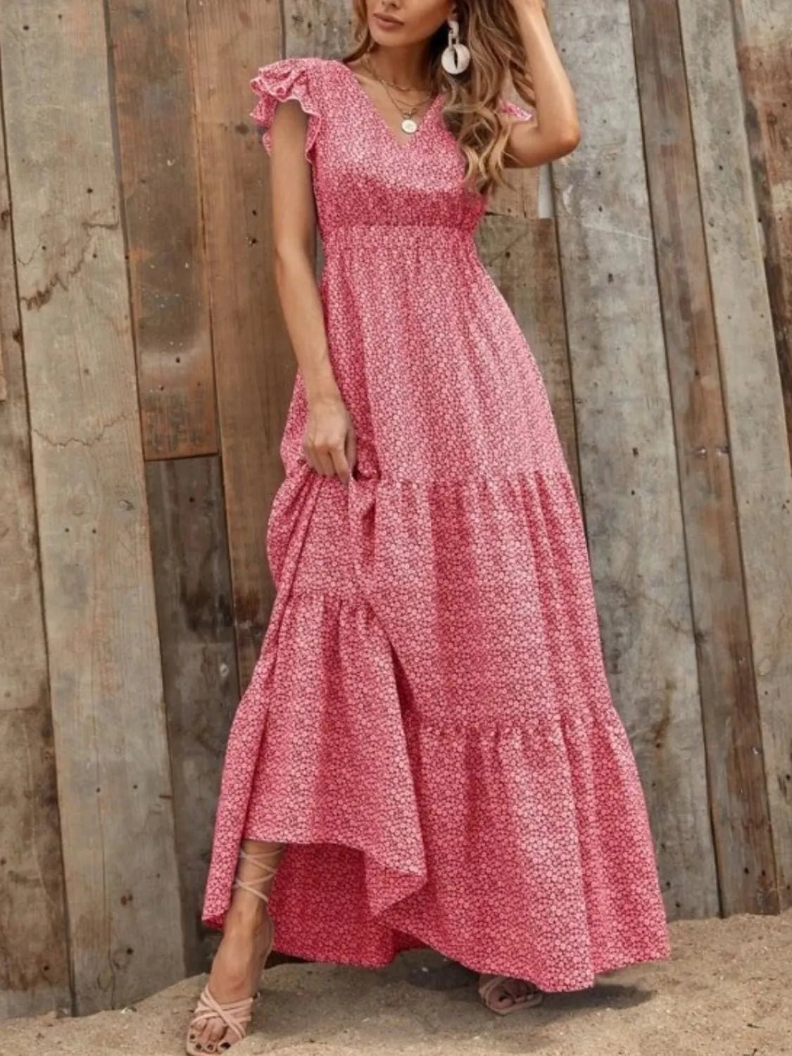 Printed V - Neck Ruffled Cap Sleeve Maxi Dress