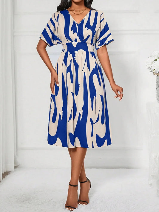 Printed V - Neck Short Sleeve Dress