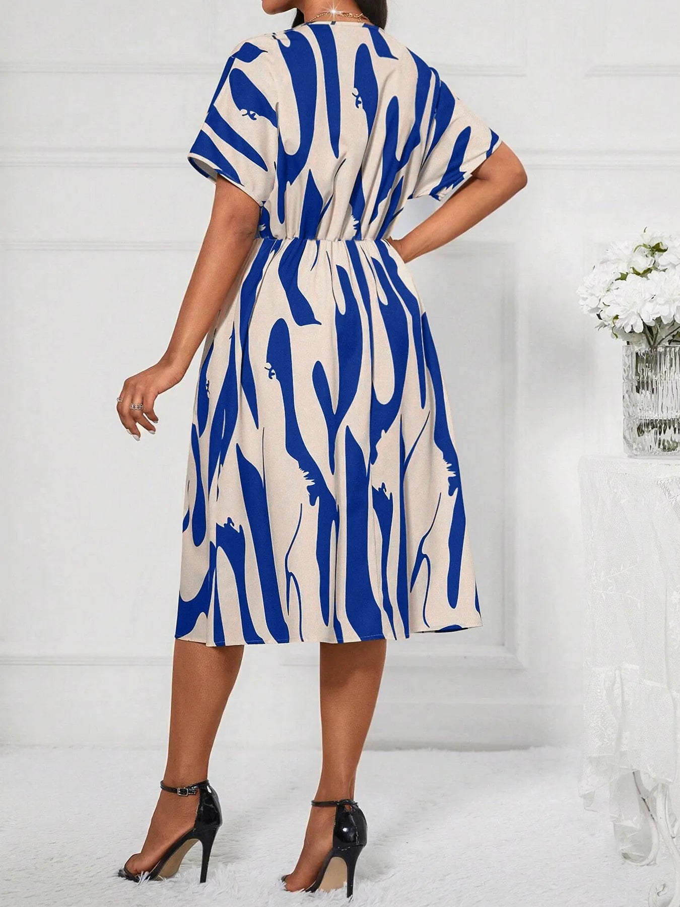 Printed V - Neck Short Sleeve Dress