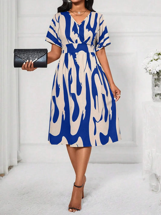 Printed V - Neck Short Sleeve Dress