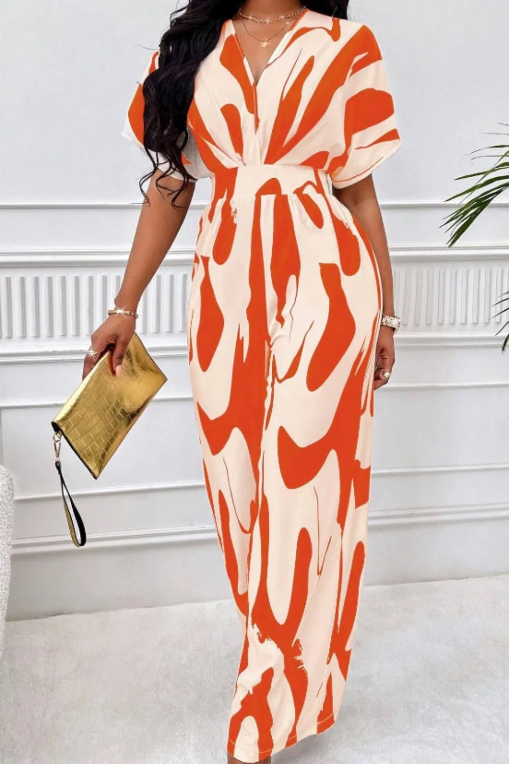 Printed V - Neck Short Sleeve Wide Leg Jumpsuit