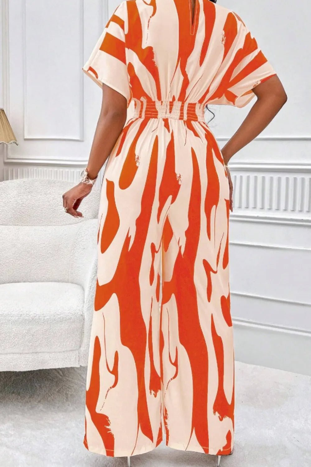 Printed V - Neck Short Sleeve Wide Leg Jumpsuit