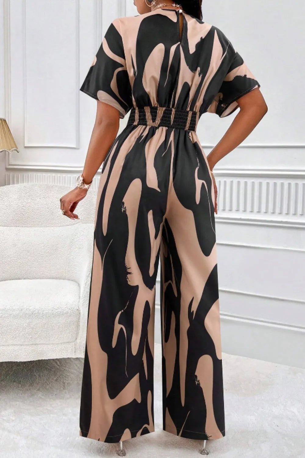 Printed V - Neck Short Sleeve Wide Leg Jumpsuit