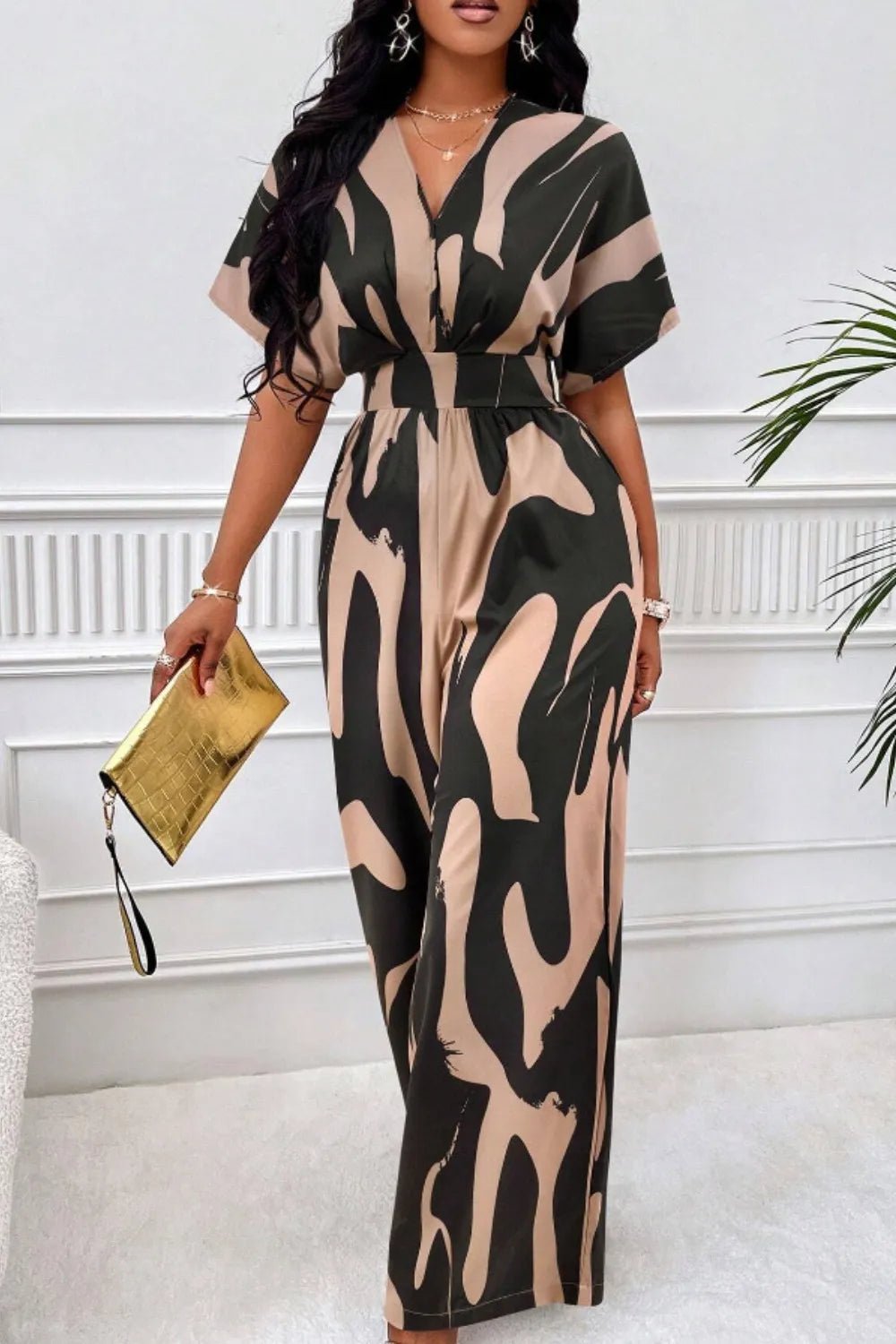 Printed V - Neck Short Sleeve Wide Leg Jumpsuit
