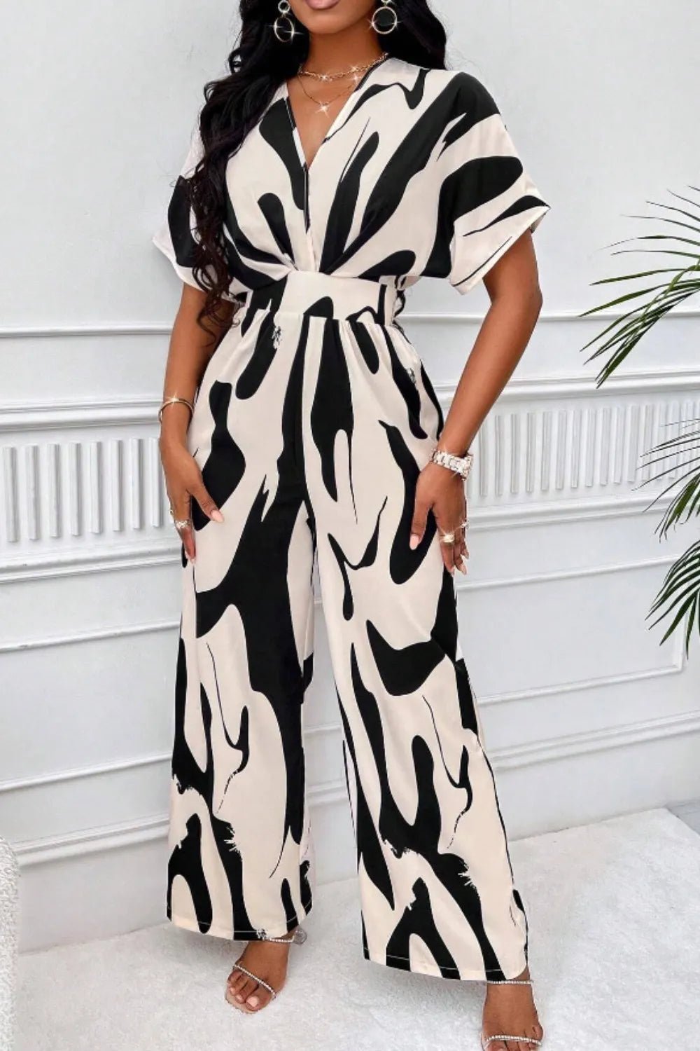 Printed V - Neck Short Sleeve Wide Leg Jumpsuit