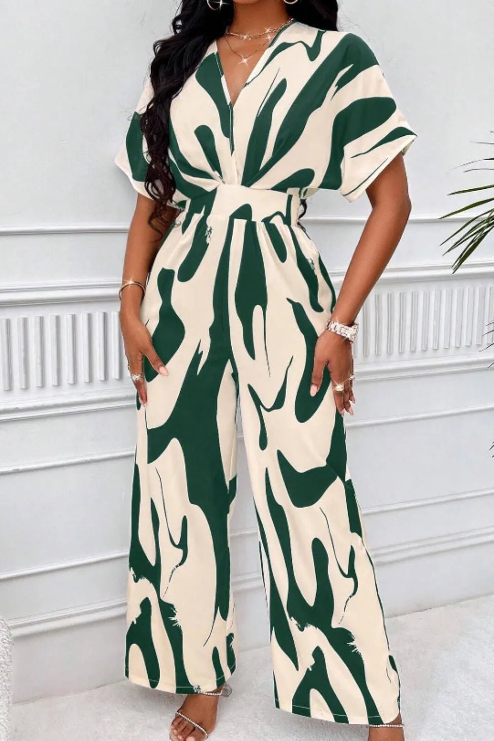 Printed V - Neck Short Sleeve Wide Leg Jumpsuit