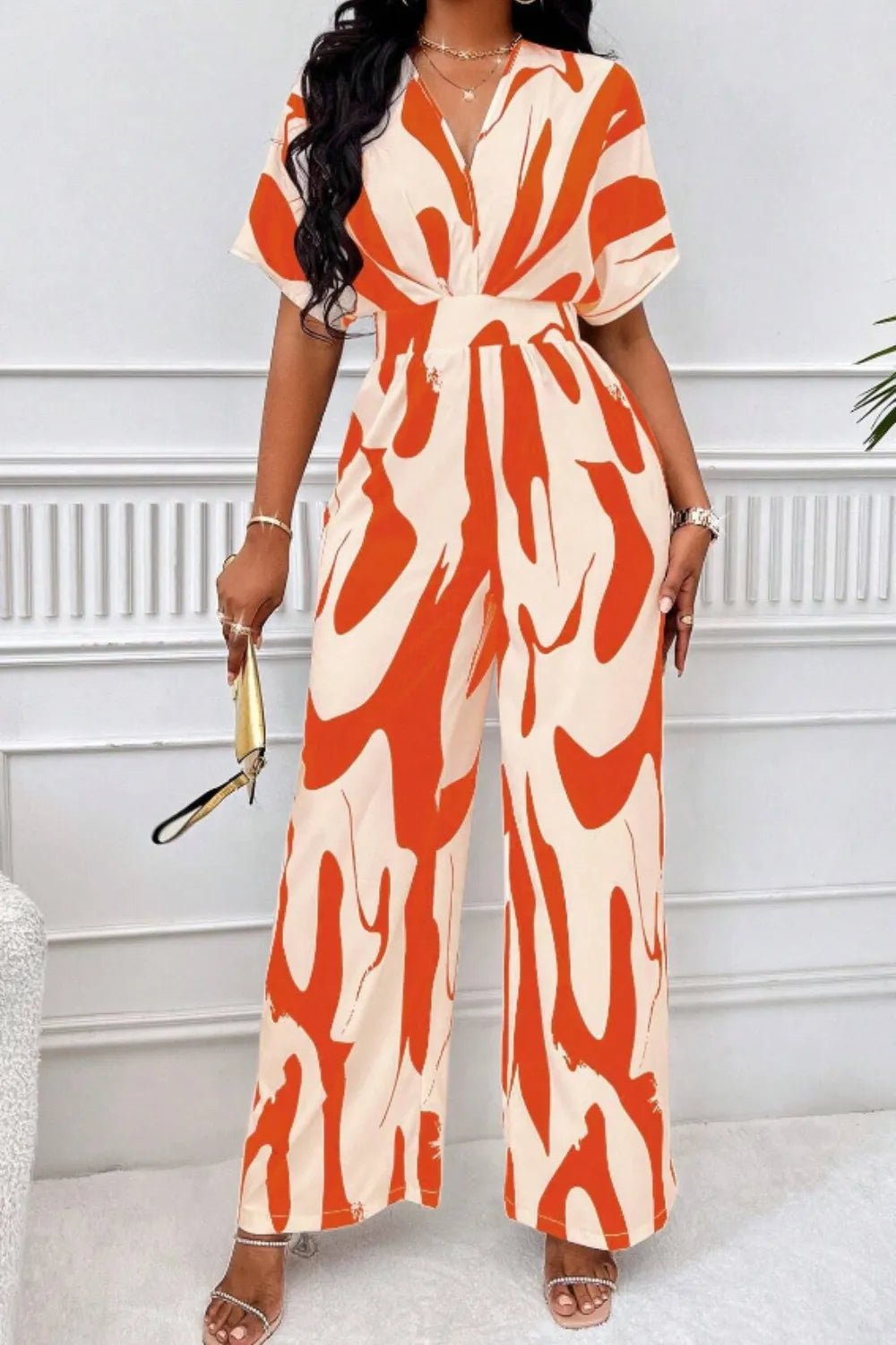 Printed V - Neck Short Sleeve Wide Leg Jumpsuit