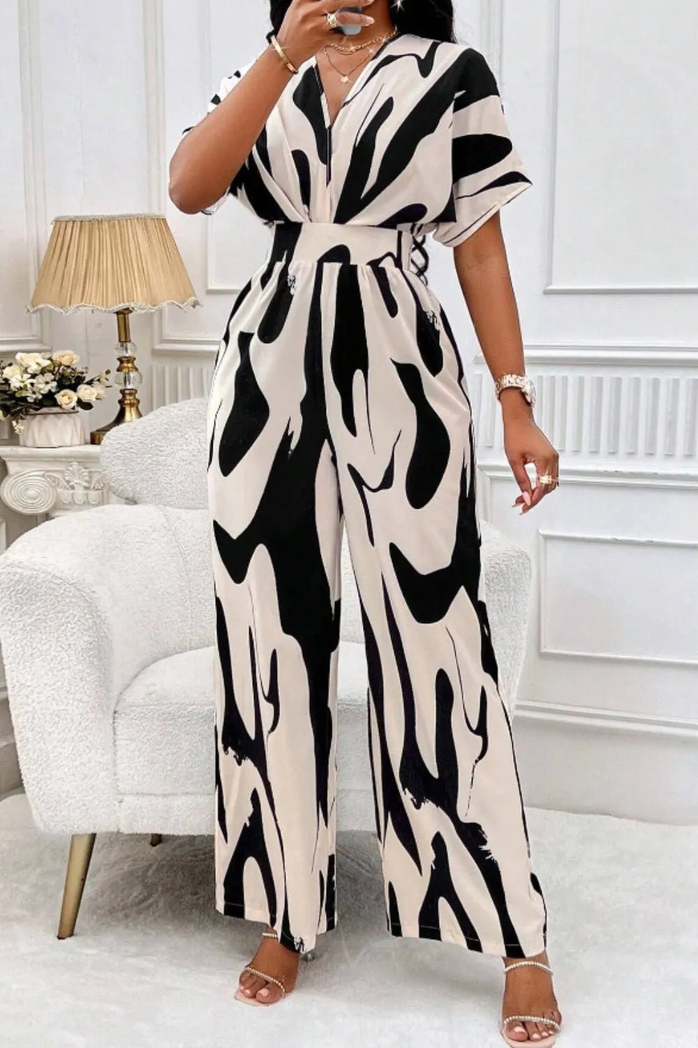 Printed V - Neck Short Sleeve Wide Leg Jumpsuit