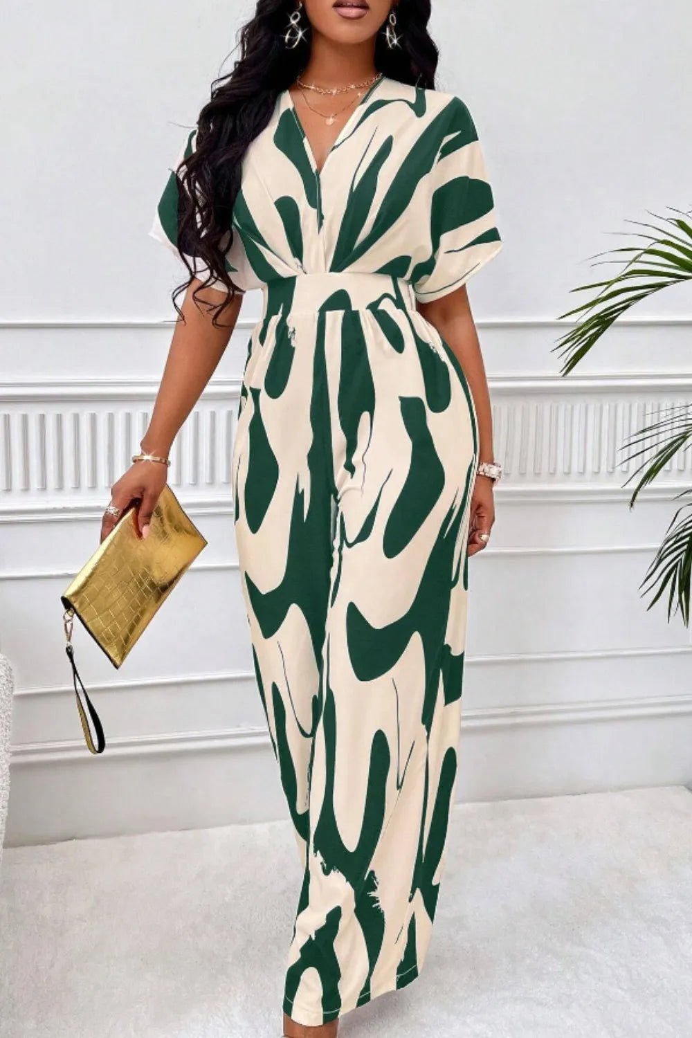 Printed V - Neck Short Sleeve Wide Leg Jumpsuit