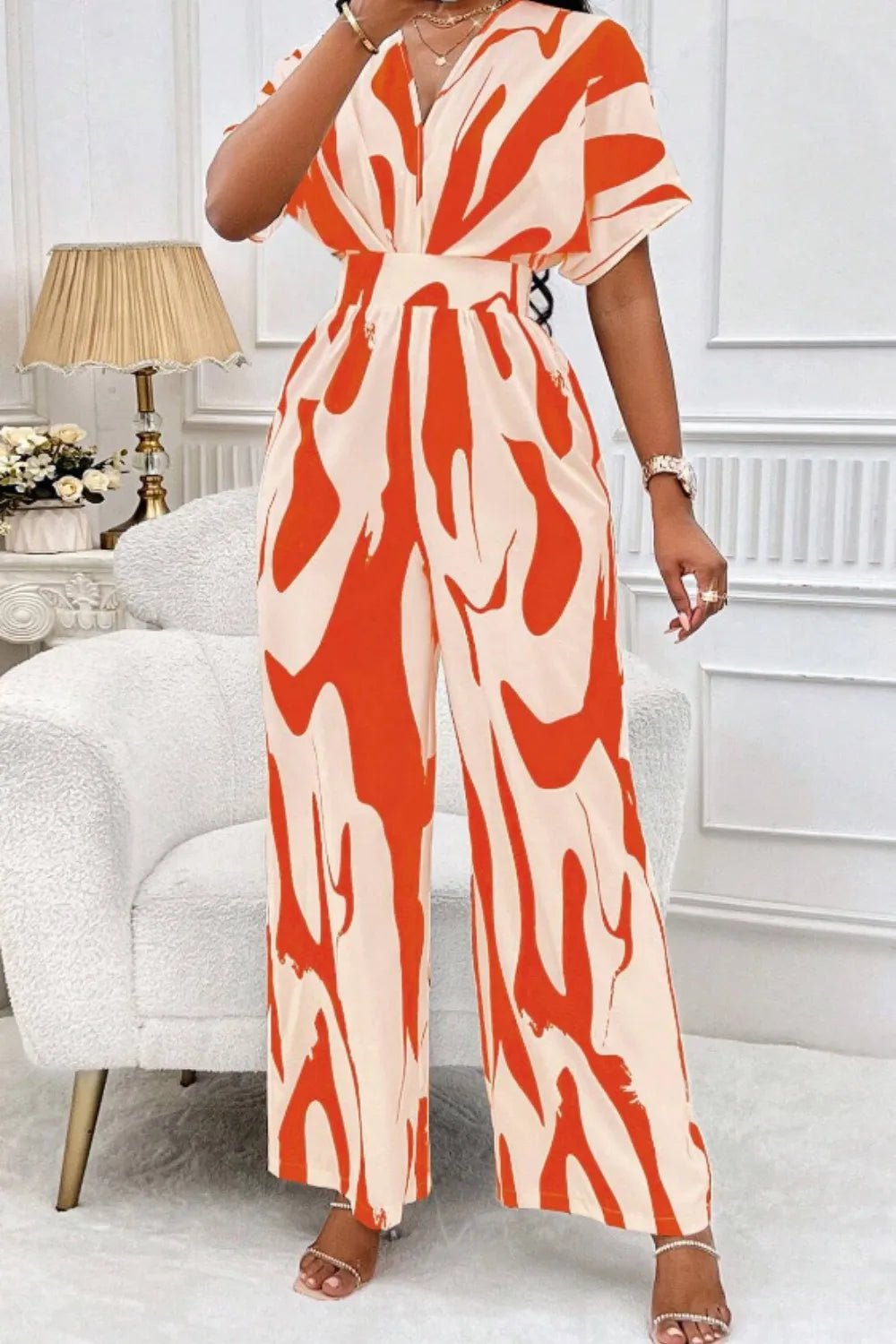 Printed V - Neck Short Sleeve Wide Leg Jumpsuit