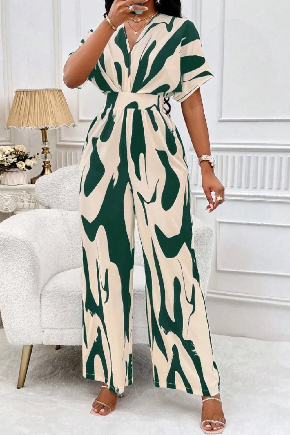 Printed V - Neck Short Sleeve Wide Leg Jumpsuit