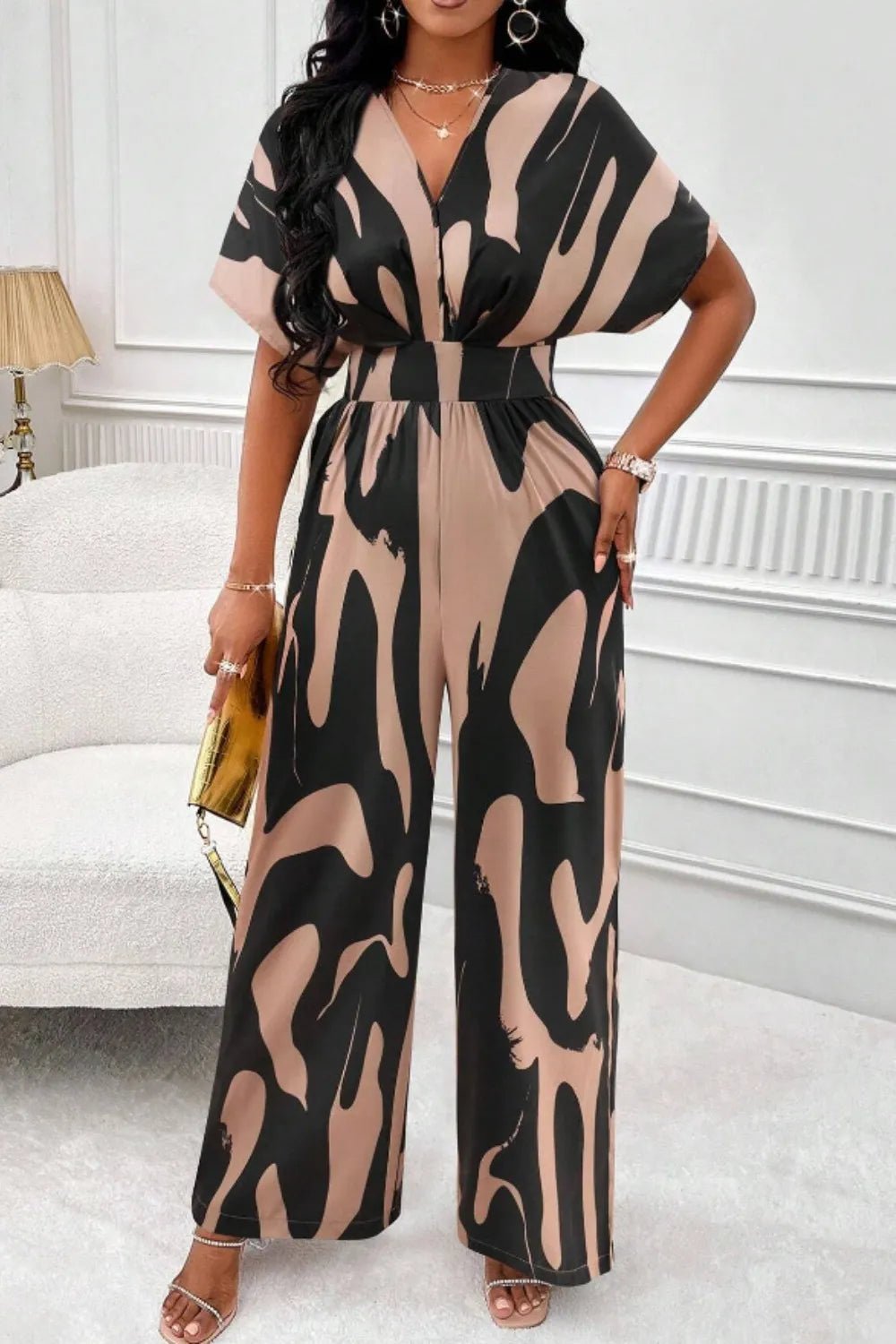 Printed V - Neck Short Sleeve Wide Leg Jumpsuit