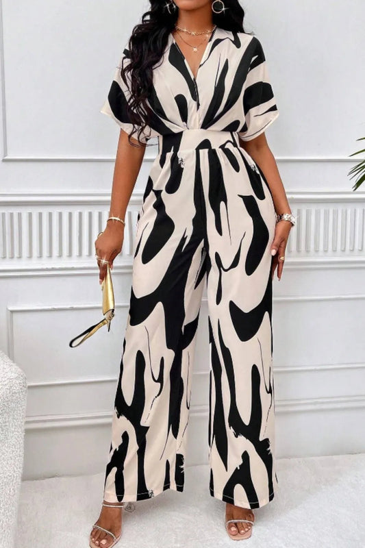 Printed V - Neck Short Sleeve Wide Leg Jumpsuit