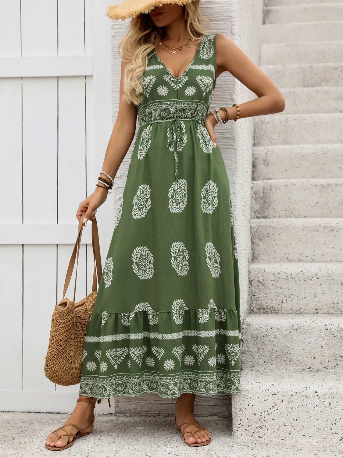Printed V - Neck Sleeveless Dress