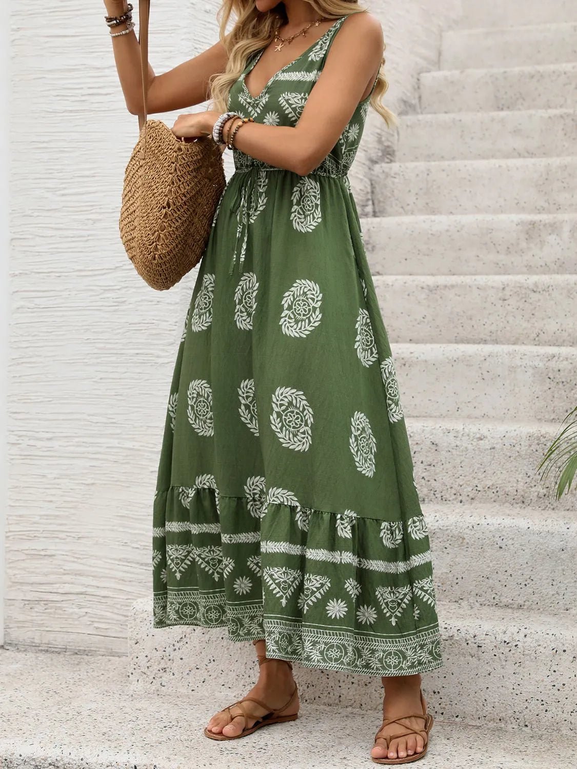 Printed V - Neck Sleeveless Dress