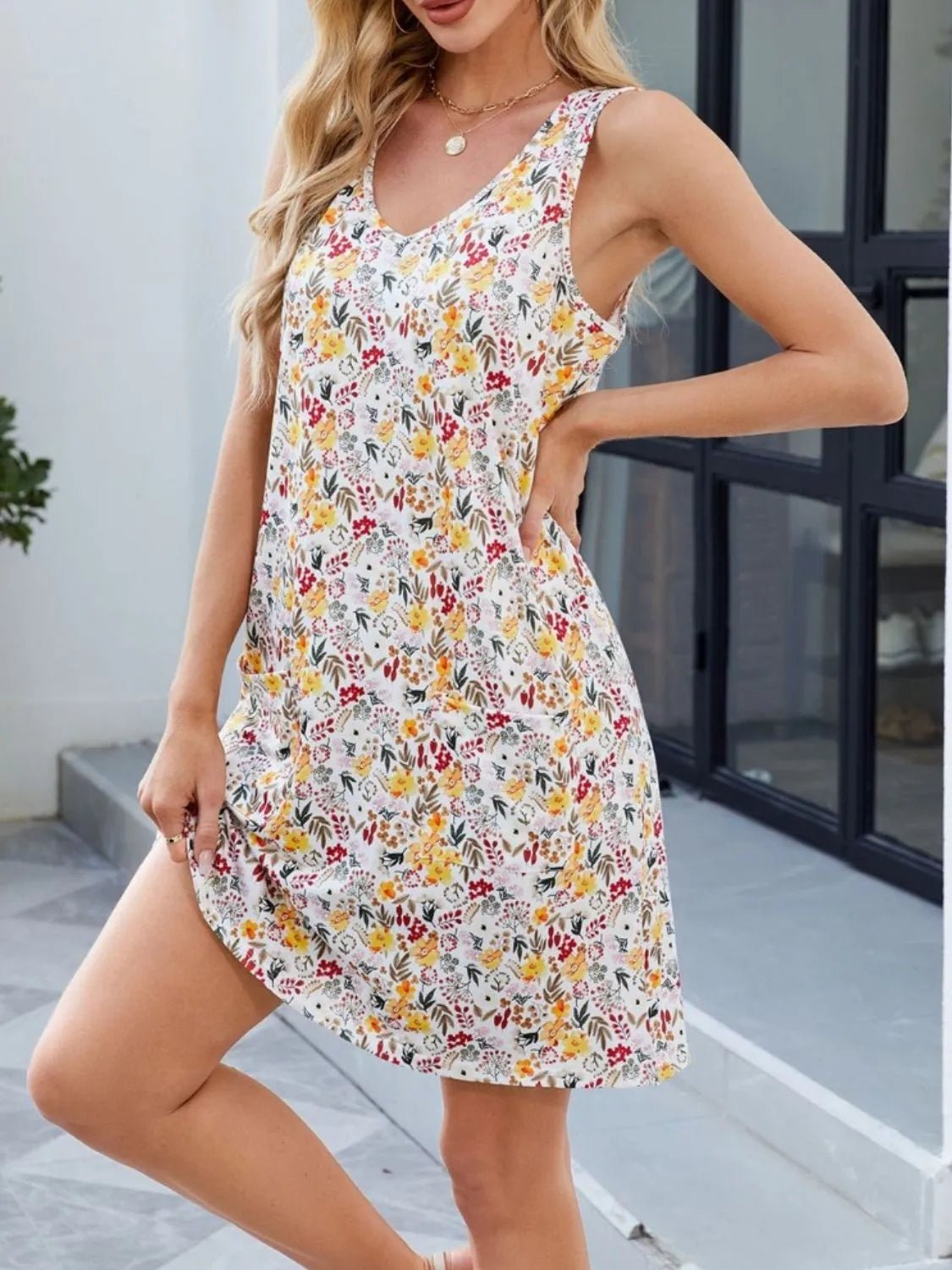 Printed V - Neck Sleeveless Mini Dress with Pockets