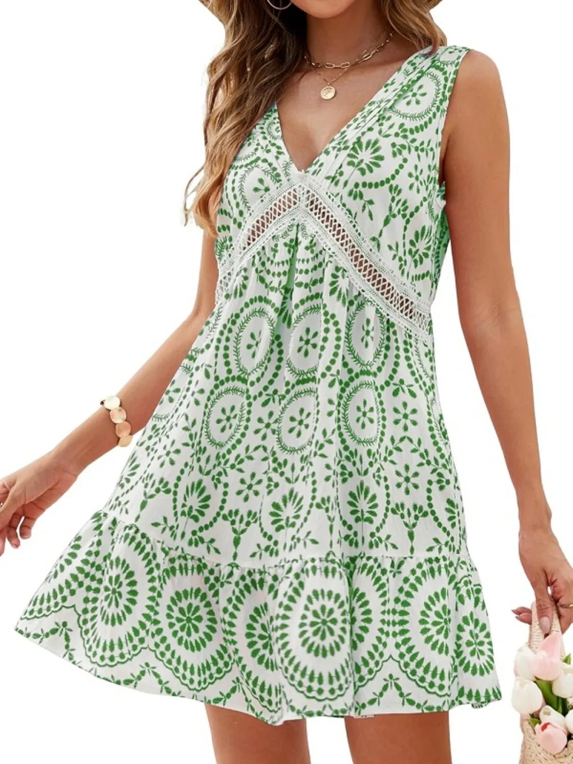 Printed V - Neck Sleeveless Mini Dress