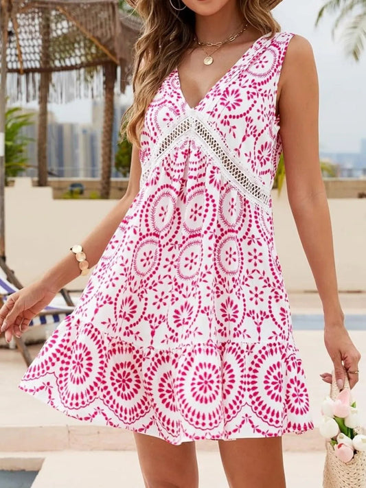 Printed V - Neck Sleeveless Mini Dress