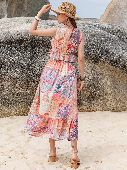 Printed V - Neck Top and Midi Skirt Set
