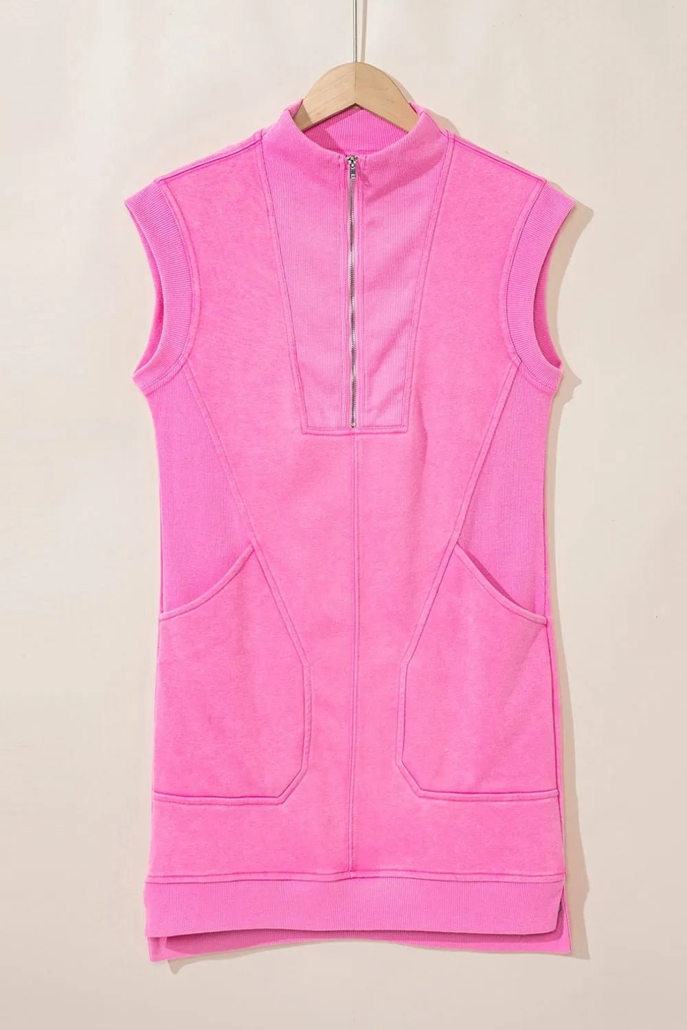 Quarter Zip Pocketed Cap Sleeve Sweatshirt Dress