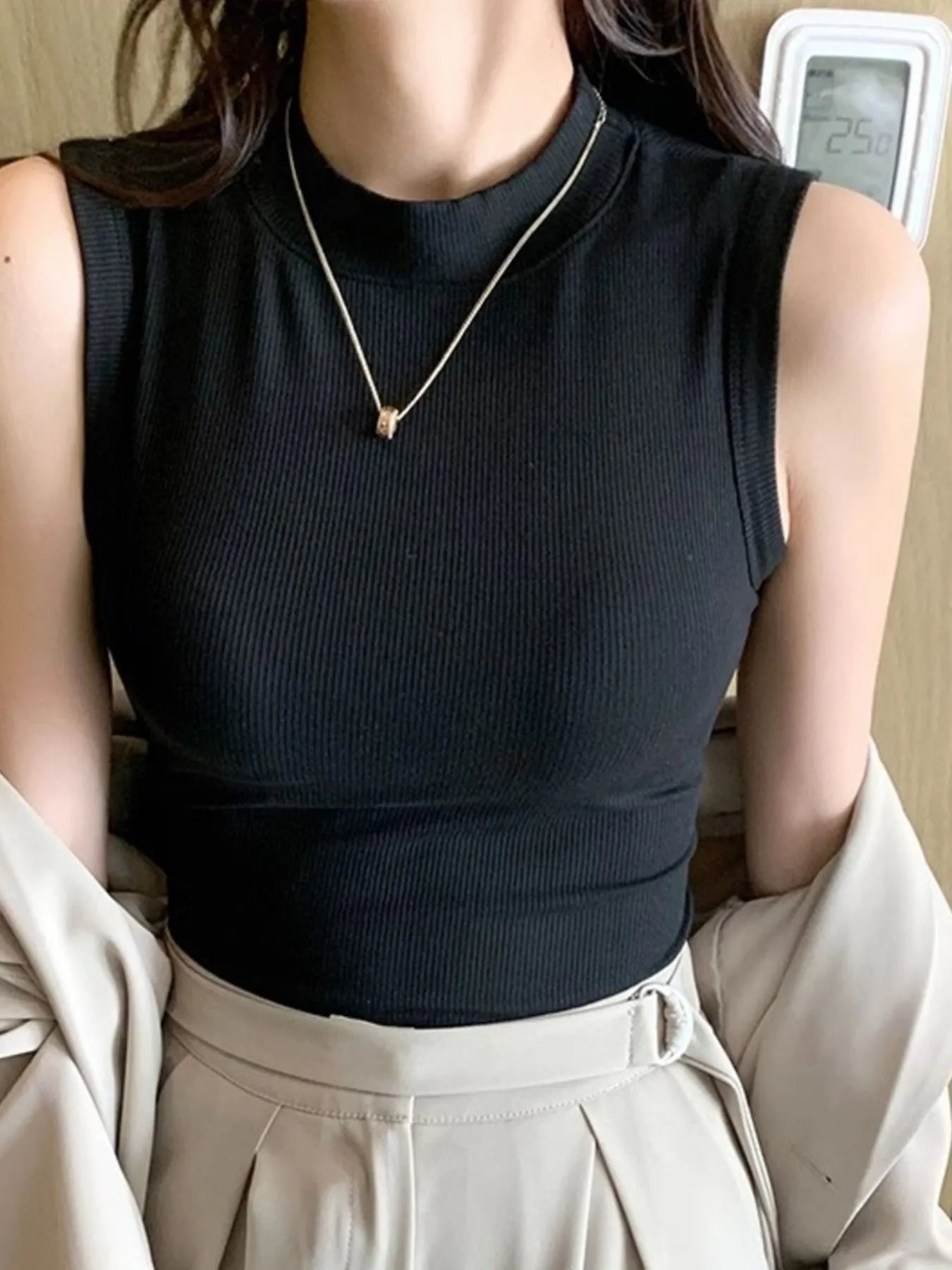 Ribbed Mock Neck Sleeveless Tank Top