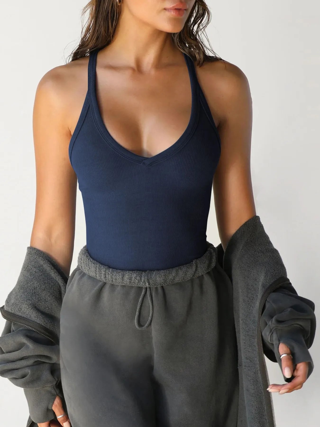 Ribbed V - Neck Halter Tank Top