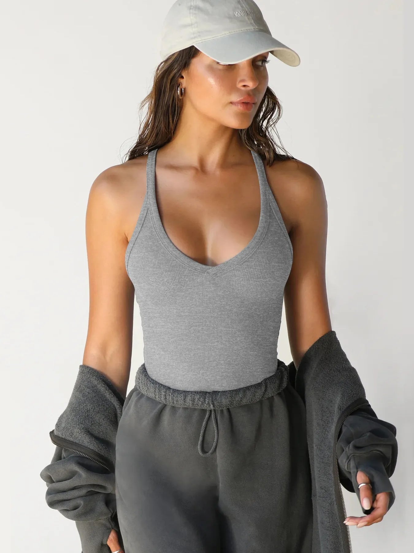 Ribbed V - Neck Halter Tank Top