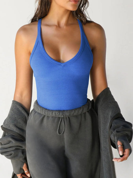 Ribbed V - Neck Halter Tank Top