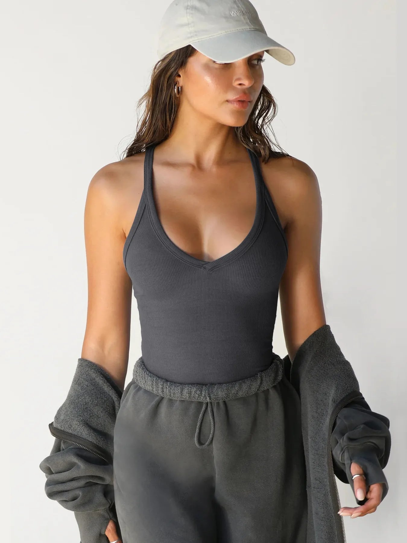Ribbed V - Neck Halter Tank Top