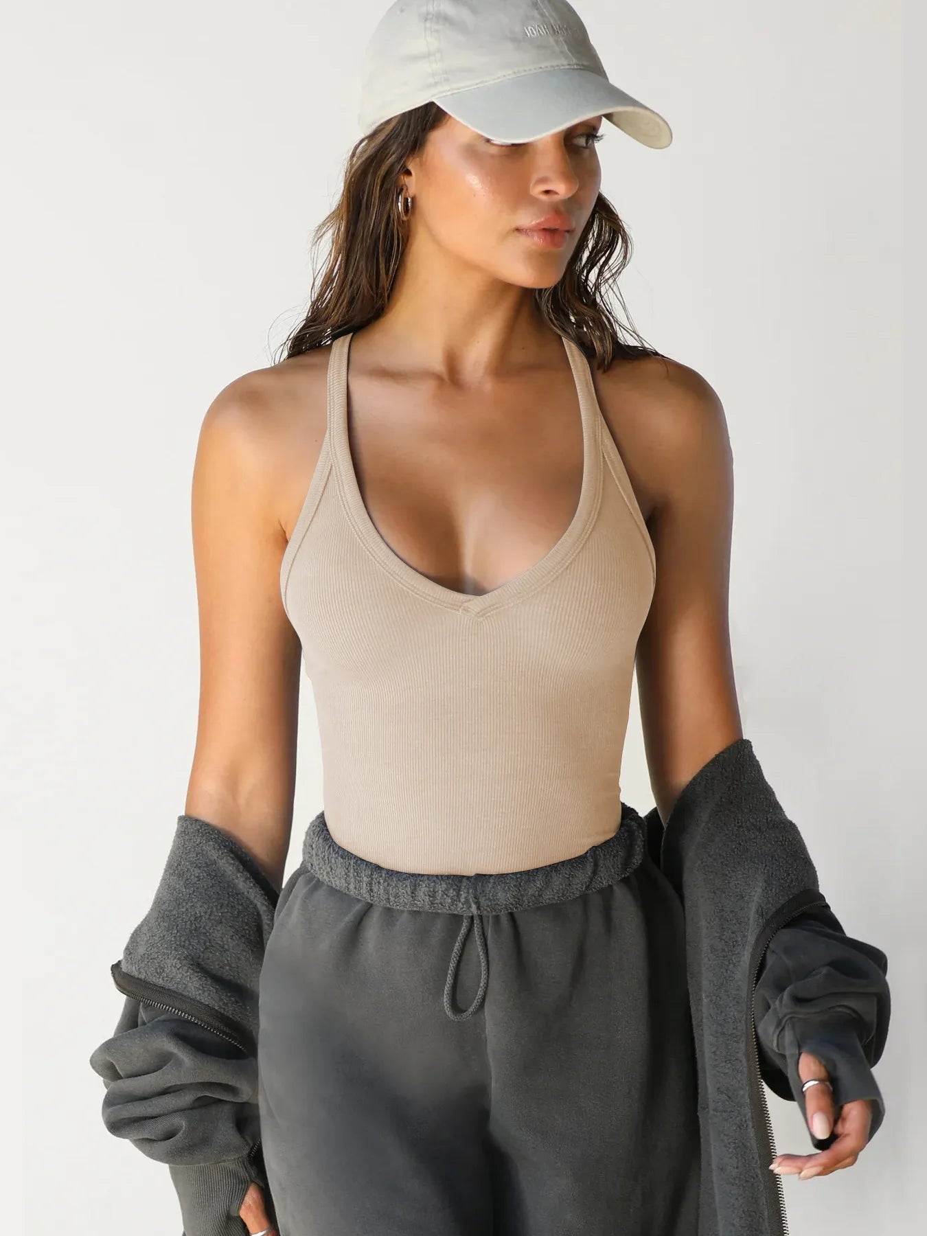 Ribbed V - Neck Halter Tank Top
