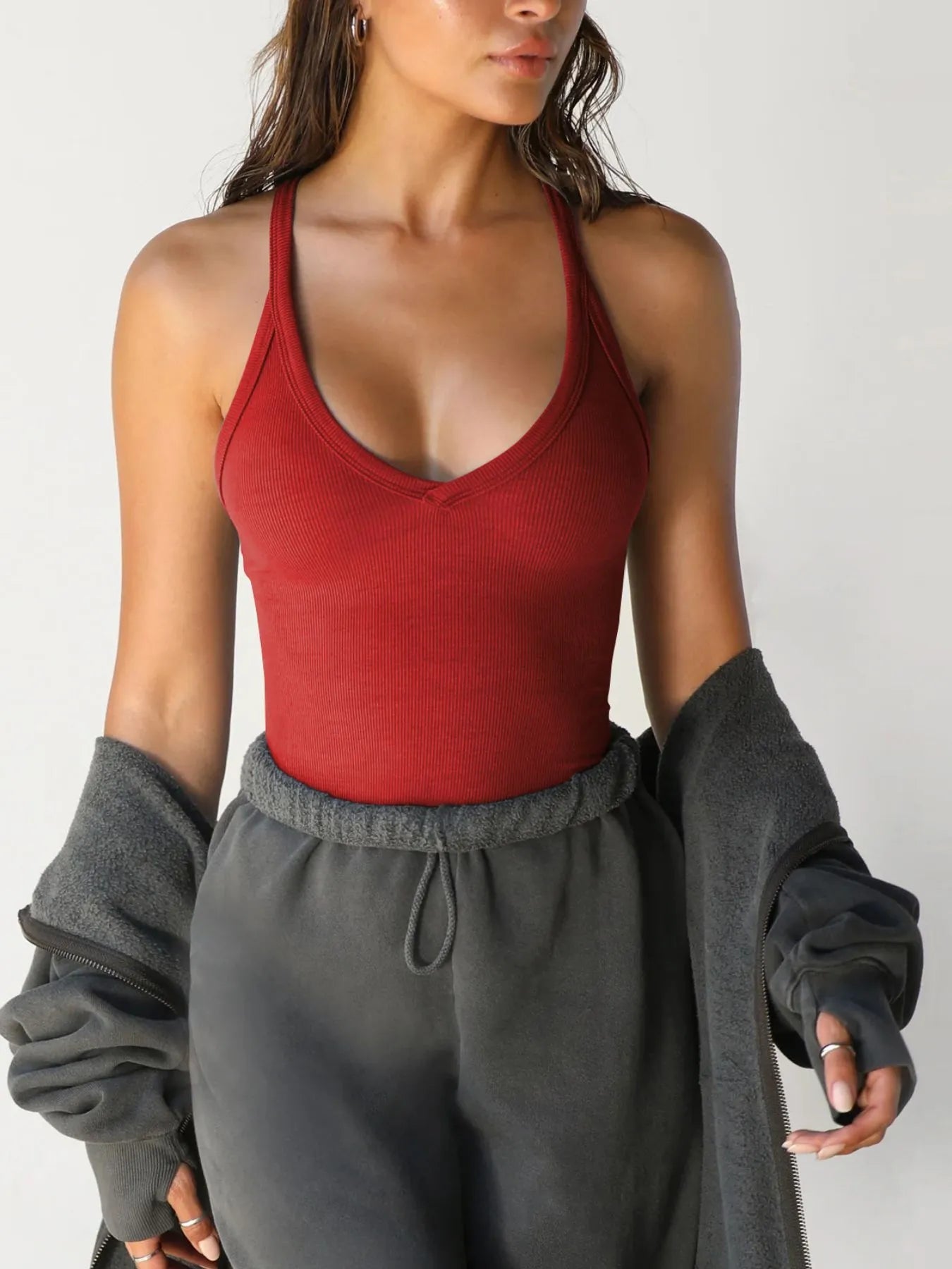 Ribbed V - Neck Halter Tank Top
