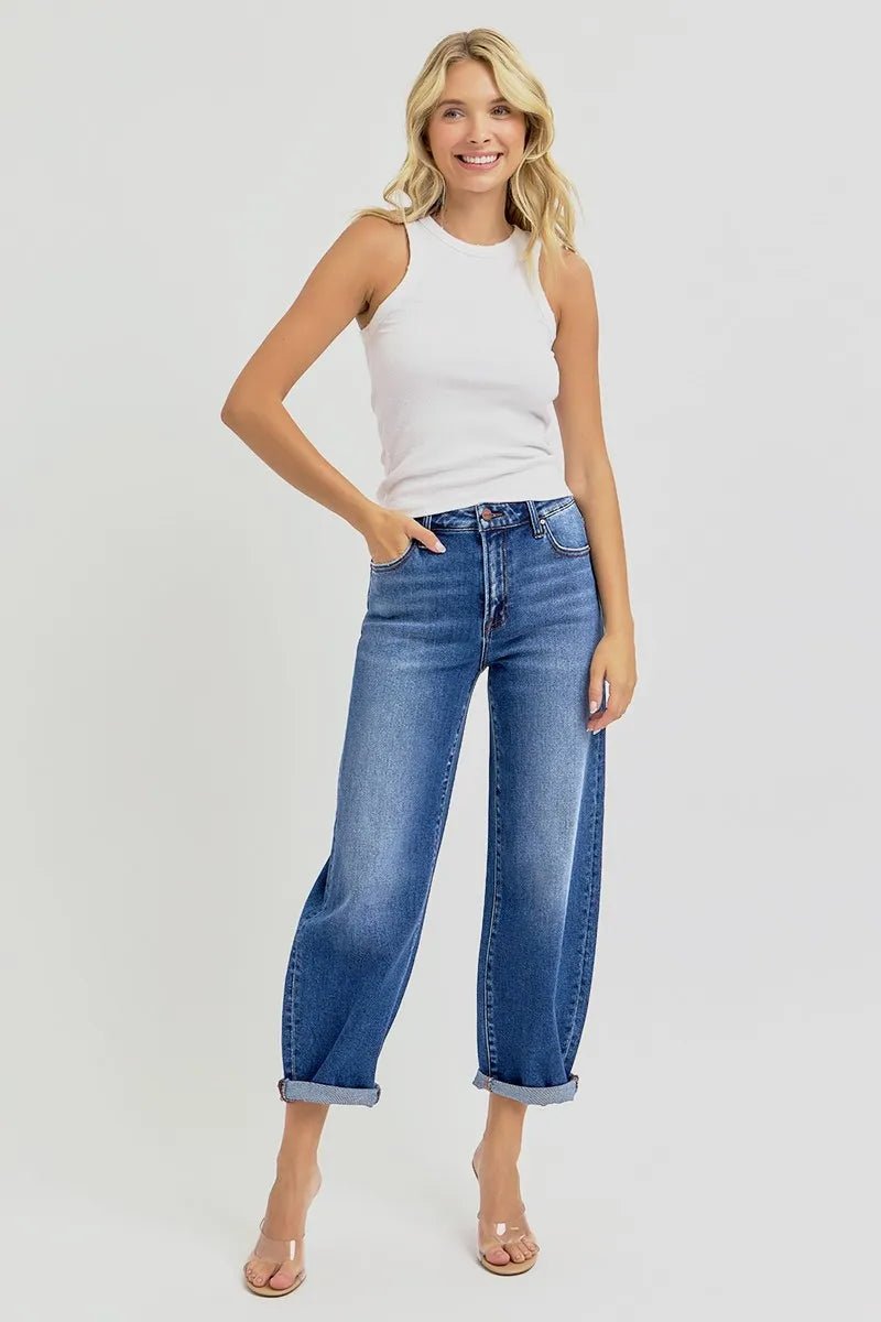 RISEN Full Size High Rise Crop Mild Barrel Jeans Plus Size