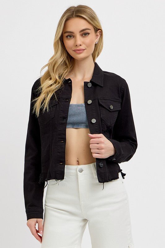 RISEN Full Size Irregular Fray Hem Button Up Denim Jacket Plus Size - ClassiQ