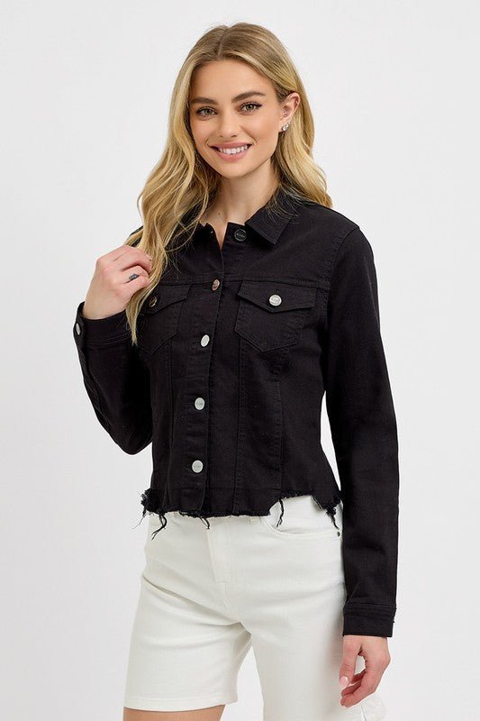 RISEN Full Size Irregular Fray Hem Button Up Denim Jacket Plus Size - ClassiQ