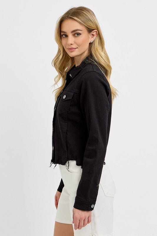 RISEN Full Size Irregular Fray Hem Button Up Denim Jacket Plus Size - ClassiQ