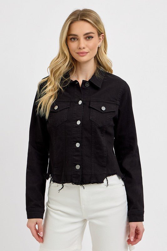 RISEN Full Size Irregular Fray Hem Button Up Denim Jacket Plus Size - ClassiQ
