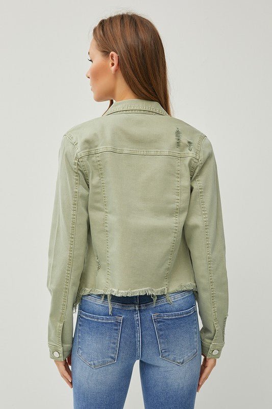RISEN Full Size Raw Hem Button Up Cropped Denim Jacket Plus Size - ClassiQ