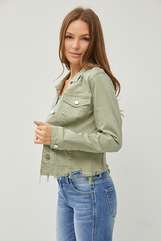 RISEN Full Size Raw Hem Button Up Cropped Denim Jacket Plus Size - ClassiQ