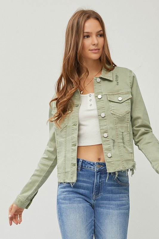 RISEN Full Size Raw Hem Button Up Cropped Denim Jacket Plus Size - ClassiQ