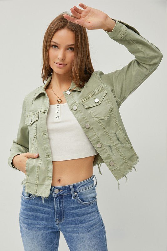 RISEN Full Size Raw Hem Button Up Cropped Denim Jacket Plus Size - ClassiQ