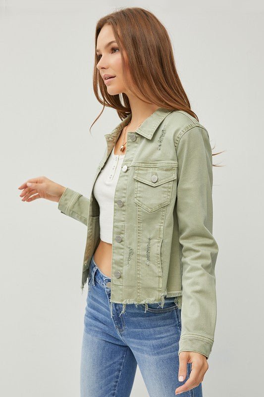 RISEN Full Size Raw Hem Button Up Cropped Denim Jacket Plus Size - ClassiQ