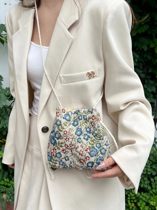 Rope Drawstring Floral Bucket BagBag